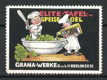 Reklamemarke Elite Tafel- und Speise-Oel, Grana-Werke GmbH, Berlin, zwei Köche würzen einen Salat