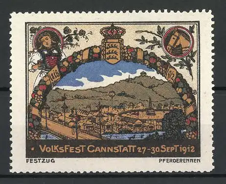 Künstler-Reklamemarke Cannstatt, Volksfest 1912, Panorama des Festgeländes, Wappen
