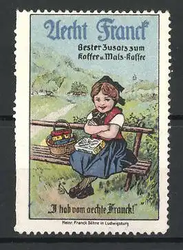 Reklamemarke Aecht Franck Kaffee-Malz-Zusatz, Mädchen sitzt mit einem Korb auf einer Bank