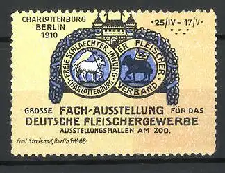 Reklamemarke Berlin, Grosse Fach-Ausstellung f. d. Deutsche Fleischergewerbe 1910, verschiedene Wappen