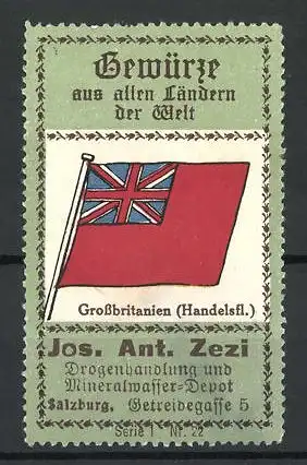 Reklamemarke Handelsflagge von Grossbritannien, Drogenhandlung Jos. Ant. Zezi, Getreidegasse 5, Salzburg