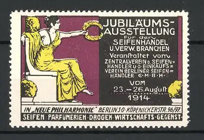 Reklamemarke Berlin-Kreuzberg, Ausstellung für den Seifenhandel 1914, barbusige Dame, lila
