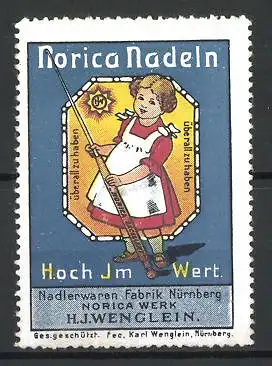 Reklamemarke Nürnberg, Norica Nadeln H.J. Wenglein, Mädchen hält grosse Nadel