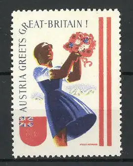 Reklamemarke Austria Greets Great-Britain, Mädchen mit Blumenstrauss