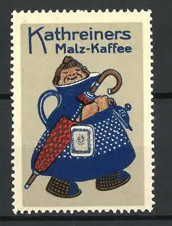 Reklamemarke Kathreiners Malzkaffee, Frau mit Schirm in einer Kaffeekanne