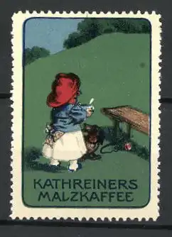 Reklamemarke Kathreiners Malzkaffee, Mädchen mit Hund und Tasse Kaffee