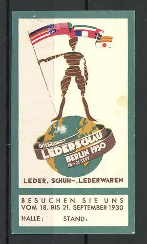 Reklamemarke Berlin, Internatioanle Lederschau 1930, Messelogo Statue auf Erdkugel