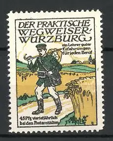 Reklamemarke Wegweiser Würzburg, Postbote läuft durch ein Getreidefeld