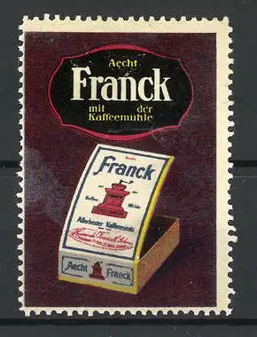 Reklamemarke Aecht Franck Kaffeezusatz mit der Kaffeemühle, Schachtel