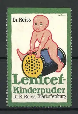 Künstler-Reklamemarke Lenicet Kinderpuder, Dr. Reiss, Berlin, nacktes Kind auf einer Puderdose sitzend