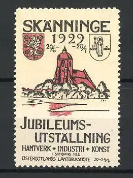 Reklamemarke Skänninge, Jubileums-Utställning 1929, Kirche und Wappen