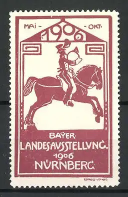 Reklamemarke Nürnberg, Bayer. landesausstellung 1906, Postbote mit Posthorn auf Pferd reitend