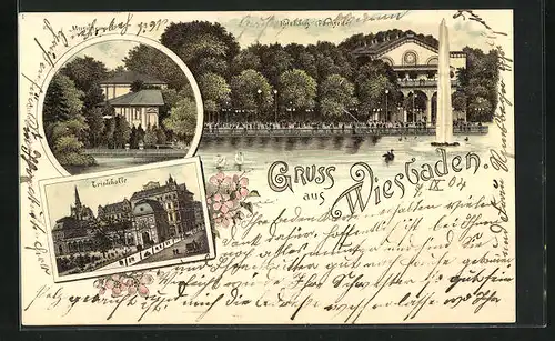 Lithographie Wiesbaden, Musiktempel, Kurhaus Parkseite, Trinkhalle