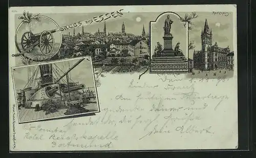 Mondschein-AK Essen, Panorama, Krupp-Denkmal, Rathaus, Geschütz auf einem Kriegsschiff
