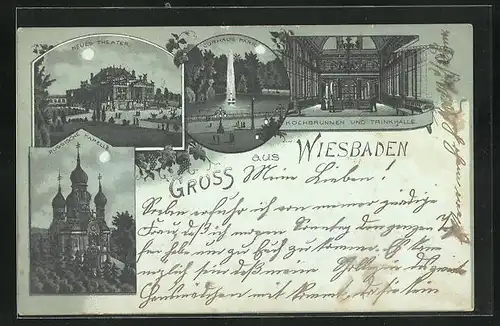 Mondschein-Lithographie Wiesbaden, Kochbrunnen und Trinkhalle, Kurhaus Park, Neues Theater