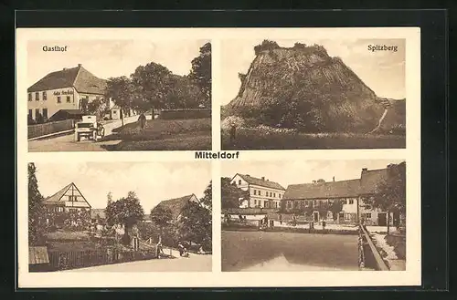 AK Mitteldorf, Gasthof, Spitzberg, Häuser mit Garten, Weiher