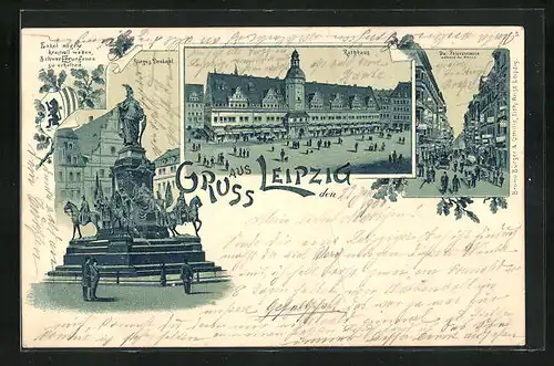Lithographie Leipzig, Sieges Denkmal, Rathaus, Die Petersstrasse während der Messe