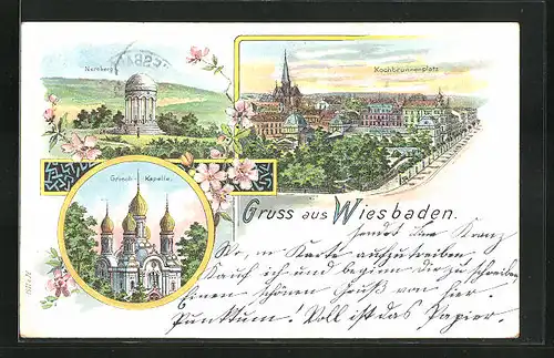 Lithographie Wiesbaden, Griechische Kapelle, Neroberg, Kochbrunnenplatz
