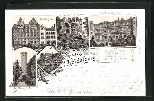 Lithographie Heidelberg, Friedrichsbau, Gesprengter Turm, Otto Heinrichsbau