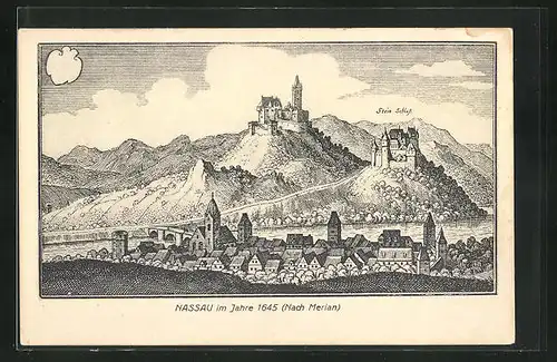 Lithographie Nassau, Ortspanorama mit dem Steinschloss im Jahre 1645 nach Merian