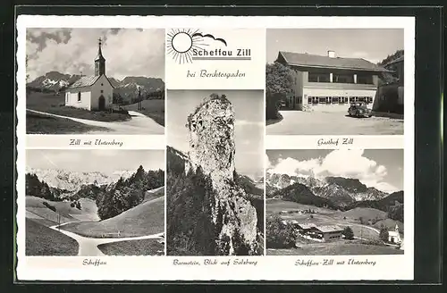 AK Scheffau-Zill, Ortsansicht mit Untersberg, Barmstein, Kirche, Gasthof Zill