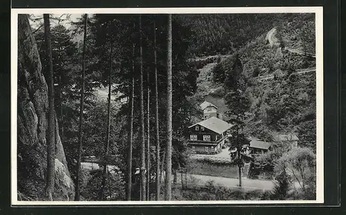 AK Schwarzatal im Thür. Wald, Schweizerhaus mit Aufstieg zum Trippstein