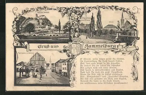 AK Hammelburg, Schloss Saaleck, Altes Schloss mit Winzerkeller, Schule, Pfarrkirche und Marktplatz mit Rathaus, Spruch