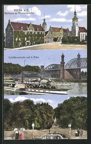 AK Riesa /Elbe, Rathaus mit Klosterkirche, MS Kaiser Wilhelm und Partie im Stadtpark