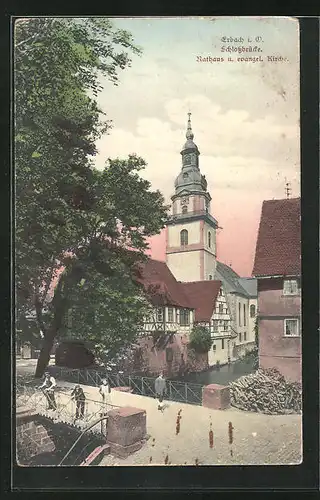 AK Erbach /Odenwald, Schlossbrücke mit Rathaus und evangel. Kirche