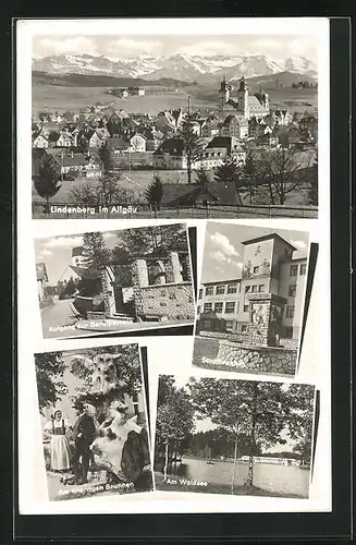 AK Lindenberg im Allgäu, Ortsansicht, Aufgang zur Berufsschule, Stadtbrunnen, am knorrigen Brunnen, Waldsee
