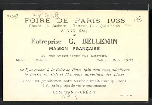 AK Paris, Foire de Paris 1936, Stand Entreprise G. Bellemin, 29, Rue Drouot angle Rue Lafayette