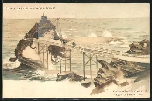 Lithographie Biarritz, Le Rocher de la vierge et la digue, Killinger & Fraivret, Berg mit Gesicht / Berggesichter