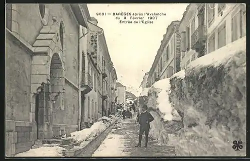 AK Barèges, après l`Avalanche du 2 Février 1907, Entrée de l`Eglise, Lawine