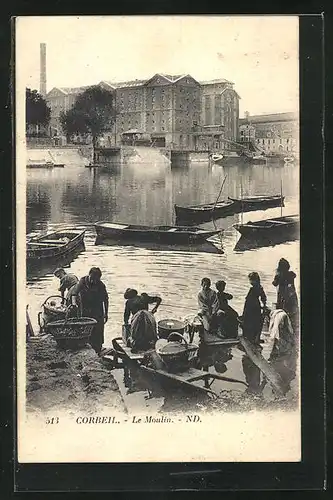 AK Corbeil, Le Moulin, Waschfrauen und Boote