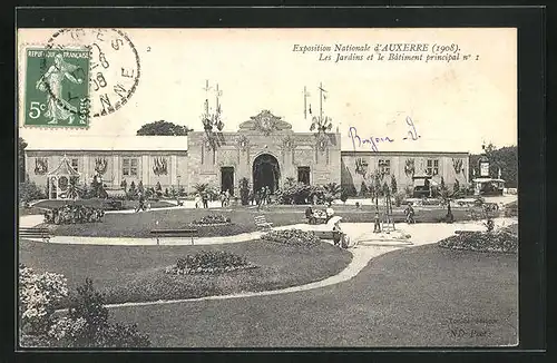 AK Auxerre, Exposition Nationale 1908, Les Jardins et le Bâtiment principal no I