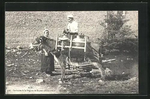 AK Bayeux, Servants de la Région de Bayeux allant traire, Käse