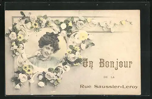 AK Paris, PariUn Bonjour de la Rue Saussier-Leroy, Dame und Blumen