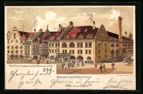 Lithographie München, Münchner Hofbräuhaus, Neues Restaurationsgebäude am Platzl