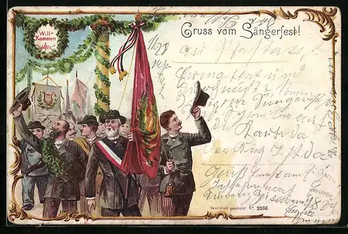 Lithographie Willkommen im Siegerkranz, Teilnehmer des Sängerfestes bei einer Parade