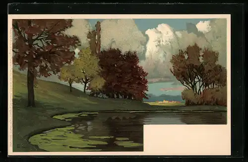 Künstler-AK Ernst Liebermann: Landschaft mit Bäumen in Herbstfarben an einem Seeufer