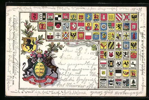 AK Furchtlos und treu, Württemberger Wappen mit Hund und Hirsch, Städtewappen