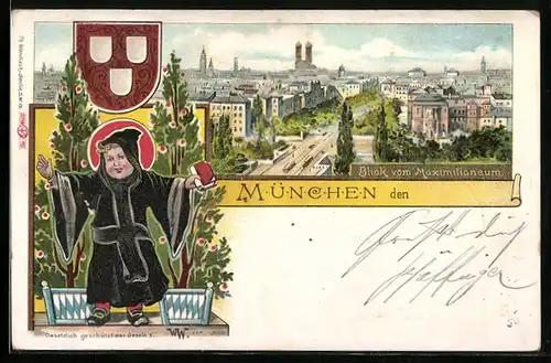 Lithographie München, Münchner Kindl und Blick vom Maximilianeum