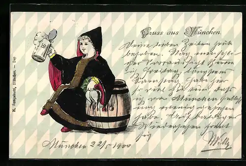 Präge-Lithographie München, Münchner Kindl mit Radi und Krug