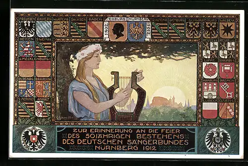 Künstler-AK Nürnberg, VIII.Deutsches Sängerbundesfest 1912, Frau mit Lyra