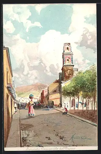 Künstler-Lithographie Sorrento, Campanile del Duomo