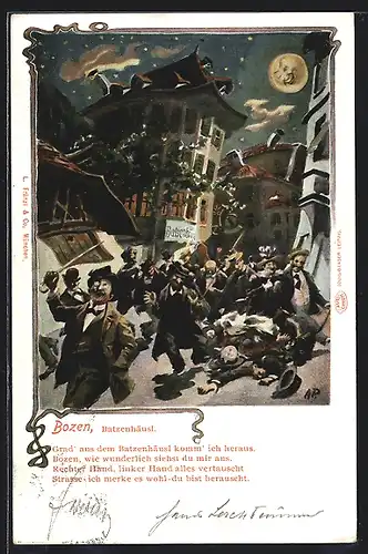 Wirtshaus-AK Bozen, Batzenhäusl aus der Sicht eines Betrunkenen