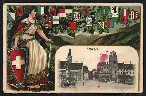 Künstler-AK Zofingen, Strassenpartie mit Turm, Helvetia mit Wappen der Kantone