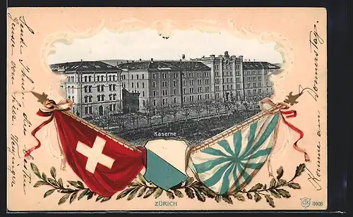 AK Zürich, Blick auf die Kaserne, Flaggen und Wappen