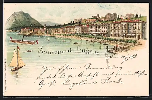 Lithographie Lugano, Partie der Promenade, Dampfer