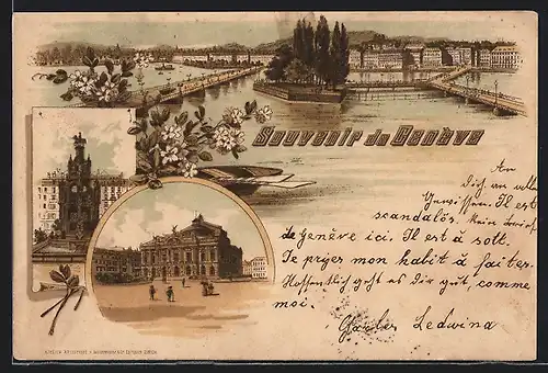 Lithographie Genf, Panorama vom Wasser aus, Strassenpartie, Brunnen
